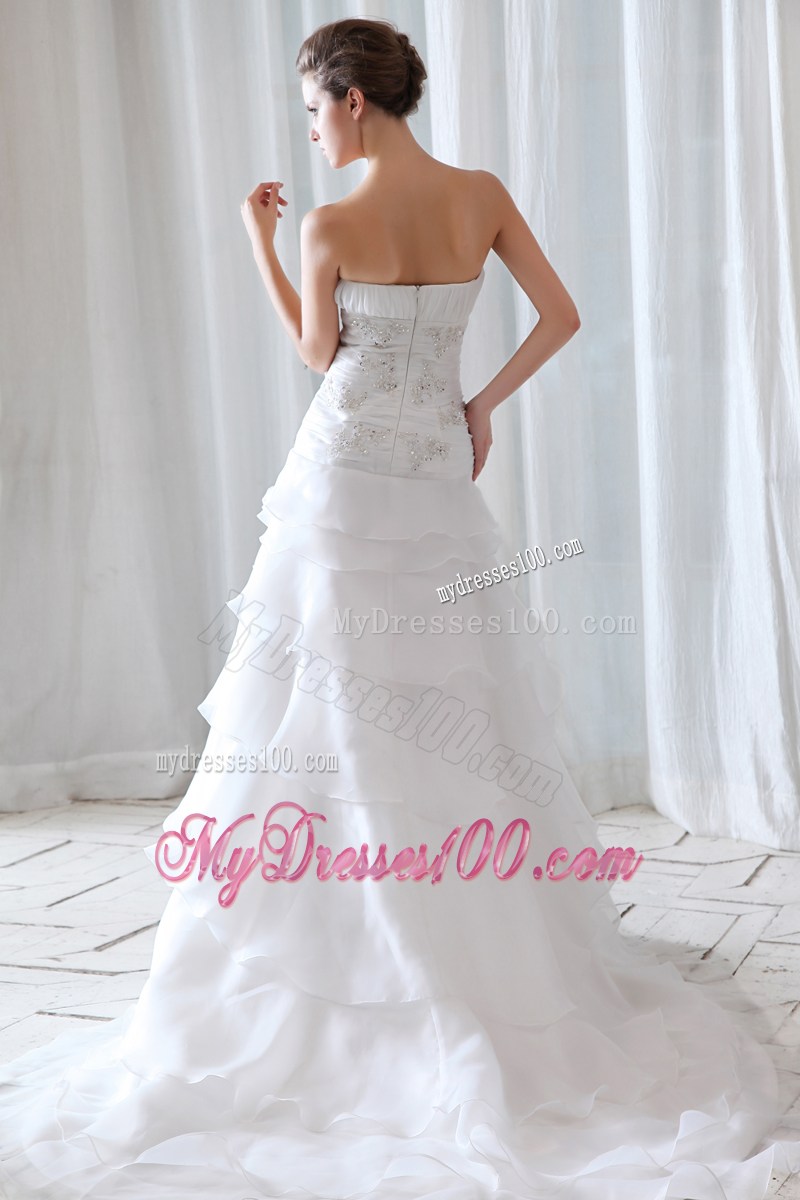 Diamonds Ruche and Handle Flowers Tiers Sweep Train Bridal Dress