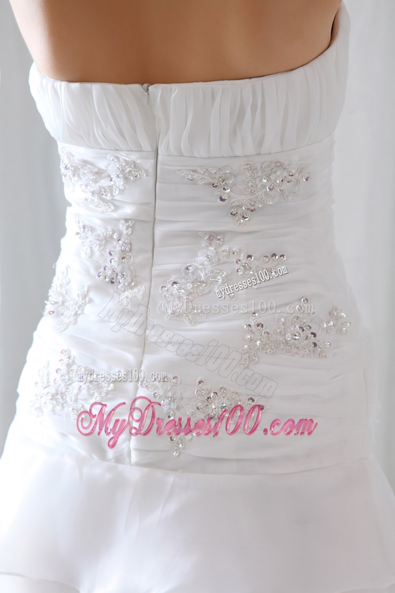 Diamonds Ruche and Handle Flowers Tiers Sweep Train Bridal Dress