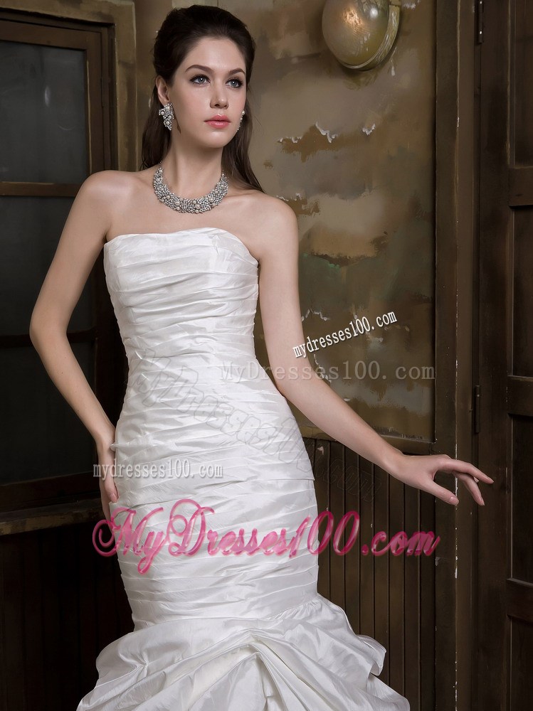 Ruching and Pick-ups Mermaid Strapless Dress for Wedding with Brush Train