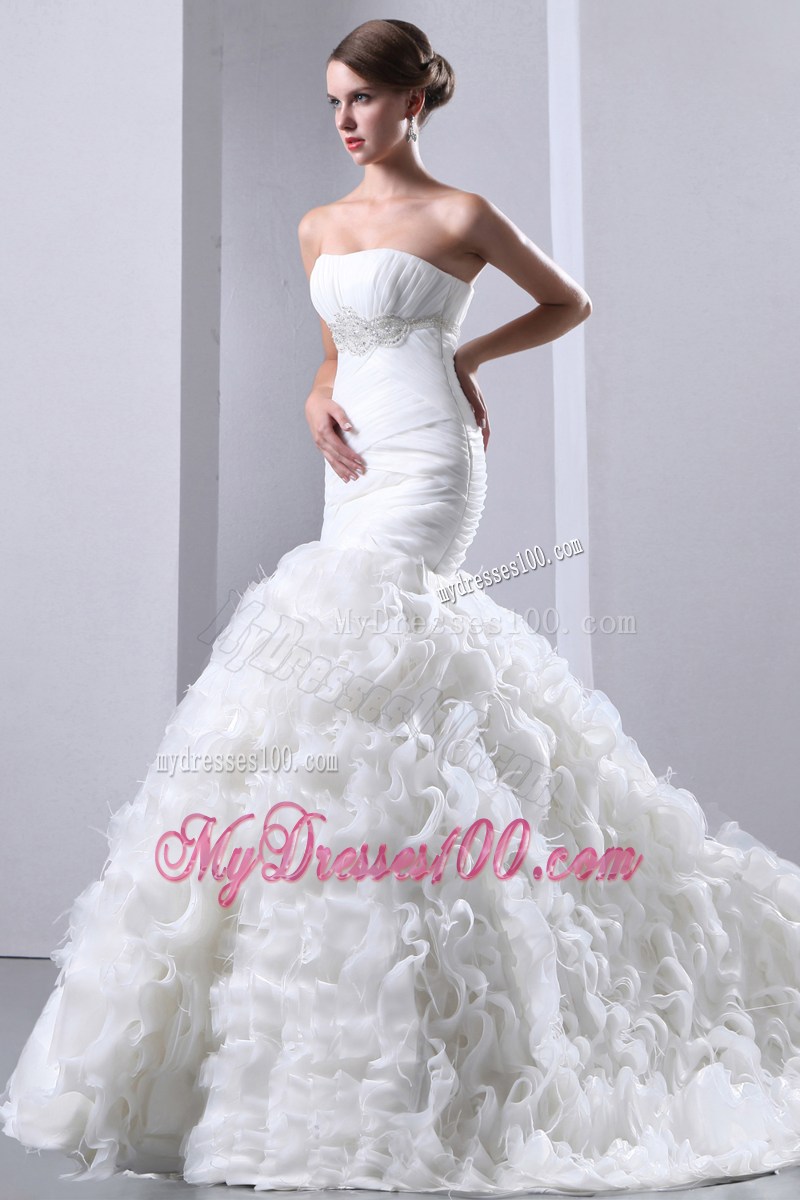 Ruffled and Ruched Mermaid Court Train Bridal Gown with Beading