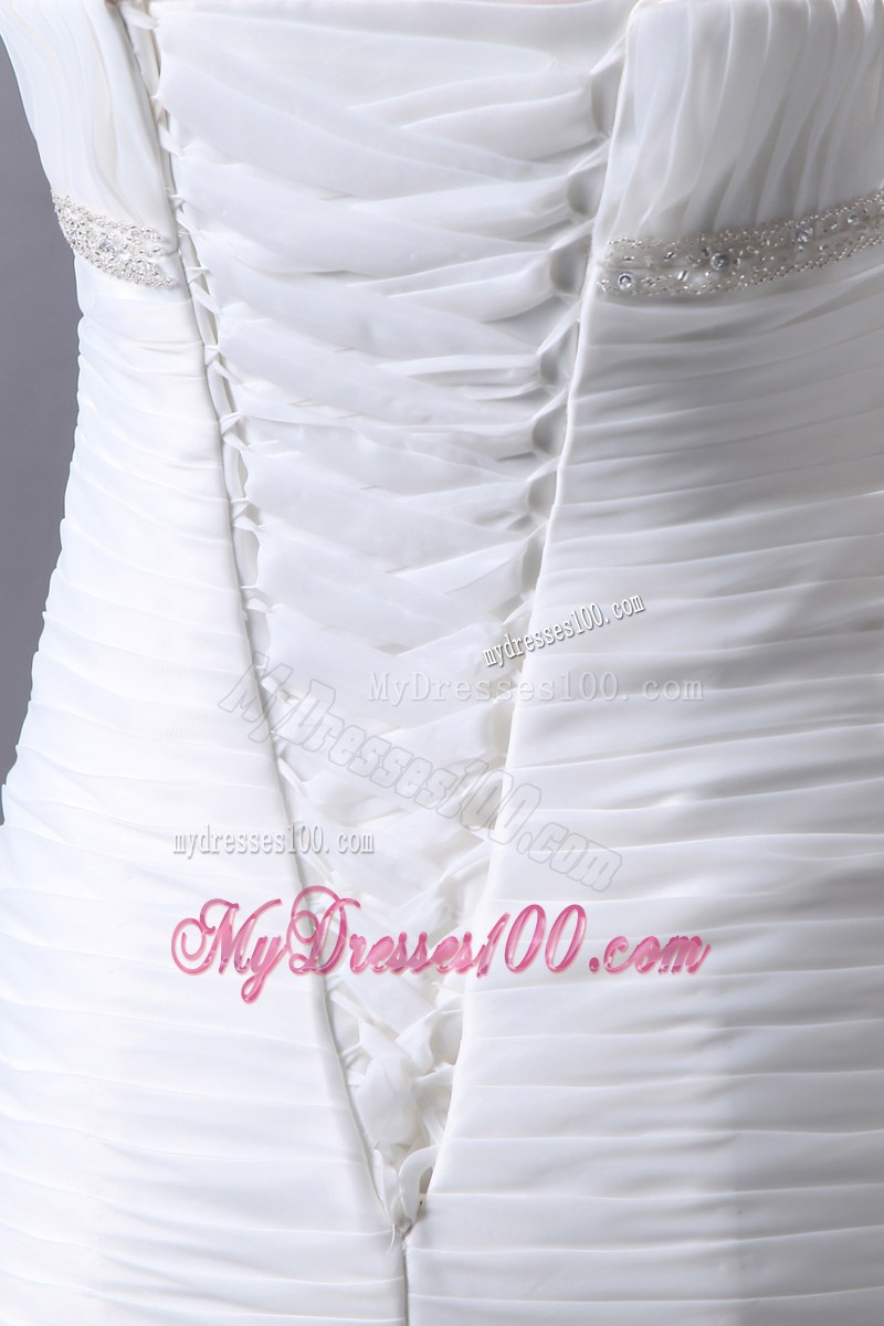 Ruffled and Ruched Mermaid Court Train Bridal Gown with Beading