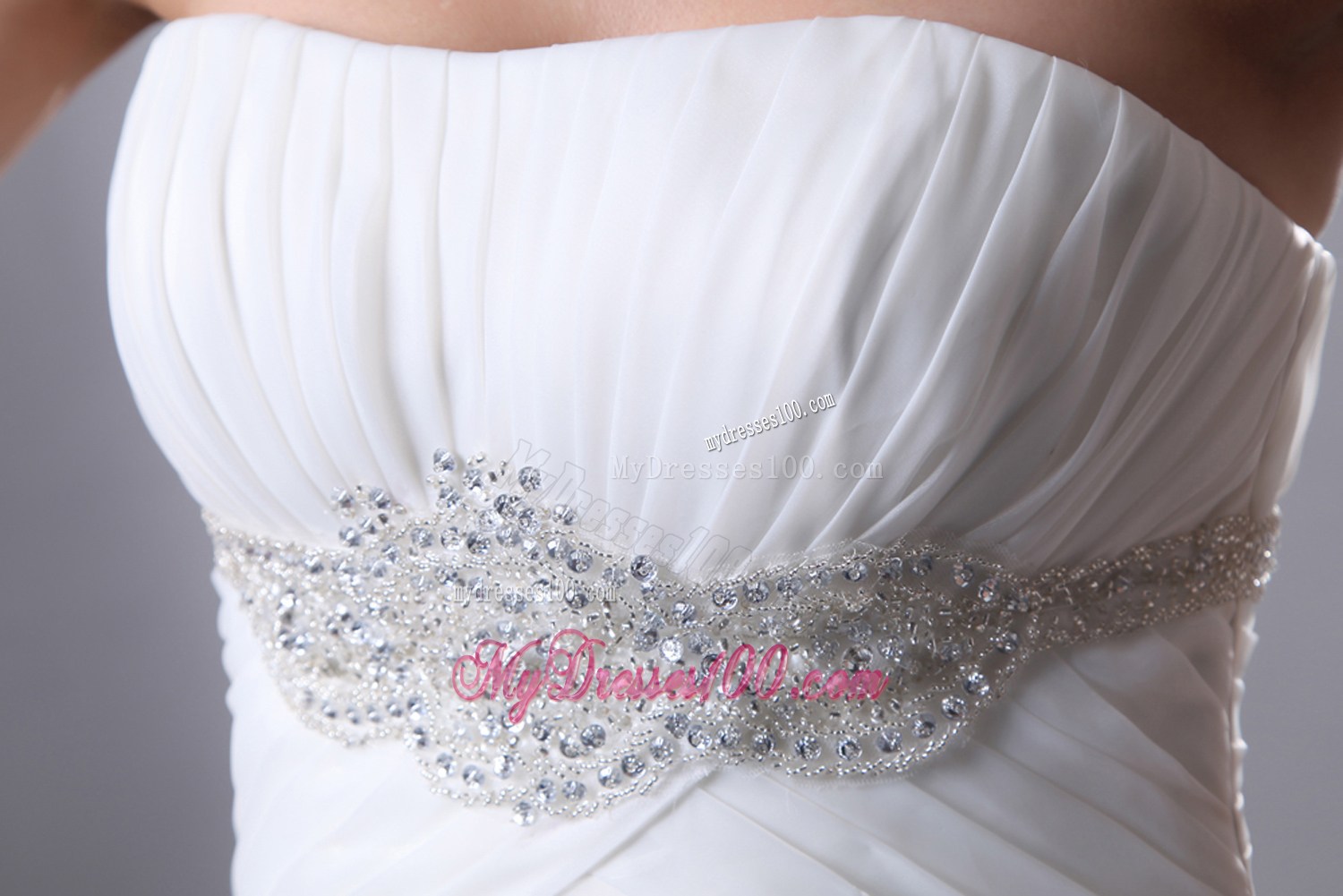 Ruffled and Ruched Mermaid Court Train Bridal Gown with Beading