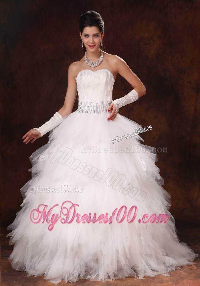 Feather Beaded Decorate Waist Sweetheart Wedding Dress
