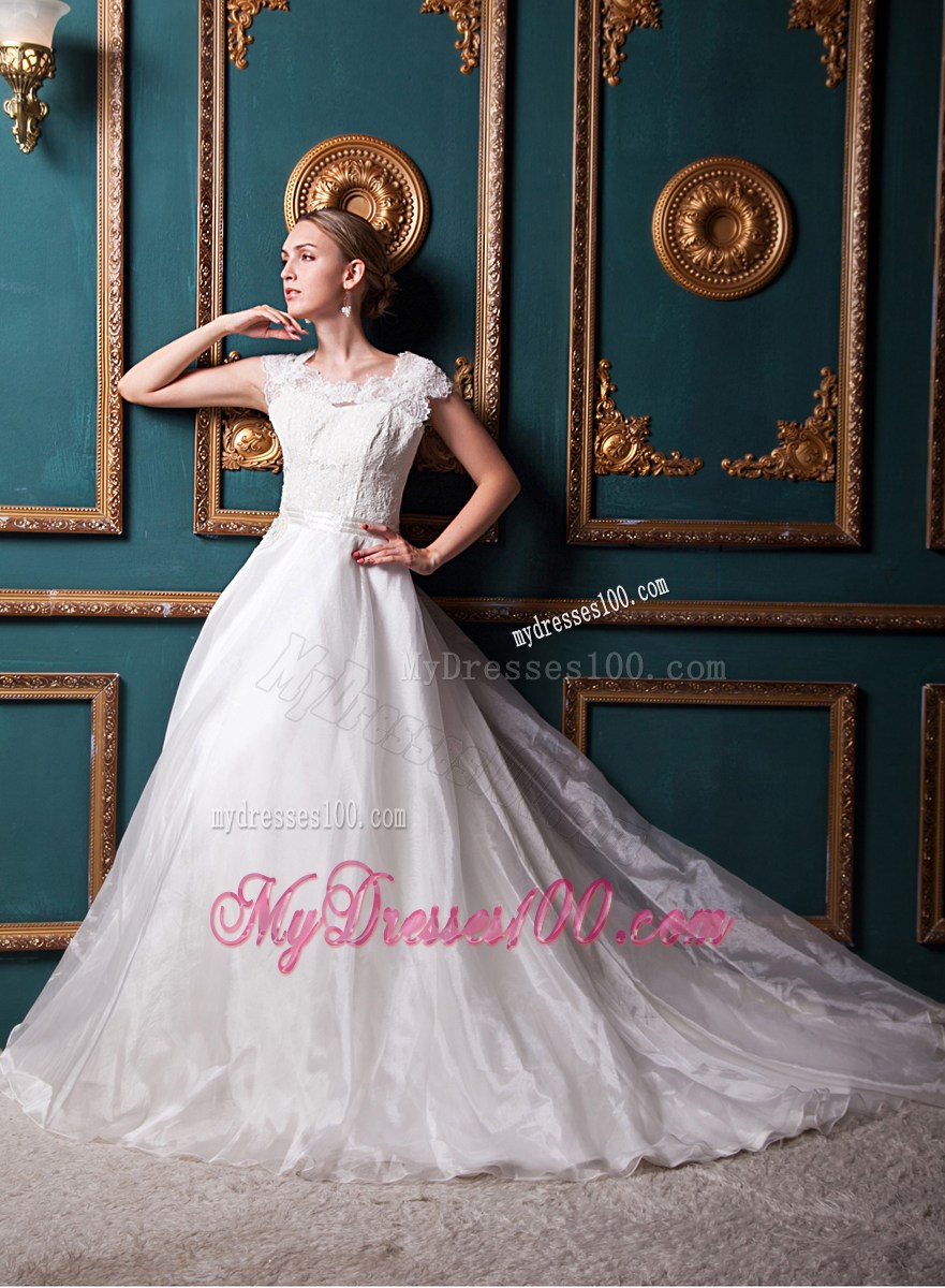 Square Lace and Organza Chapel Train Bridal Gown with Clasp Handle