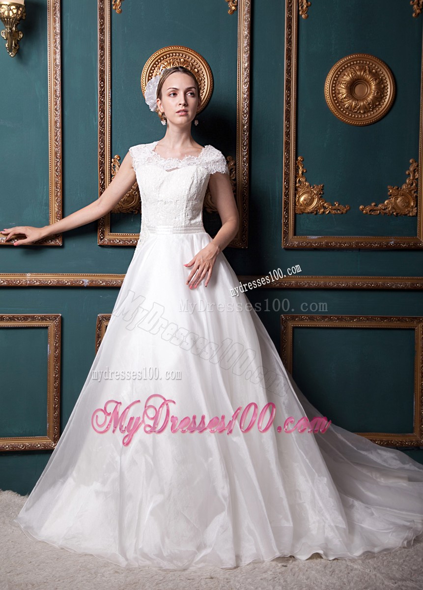Square Lace and Organza Chapel Train Bridal Gown with Clasp Handle