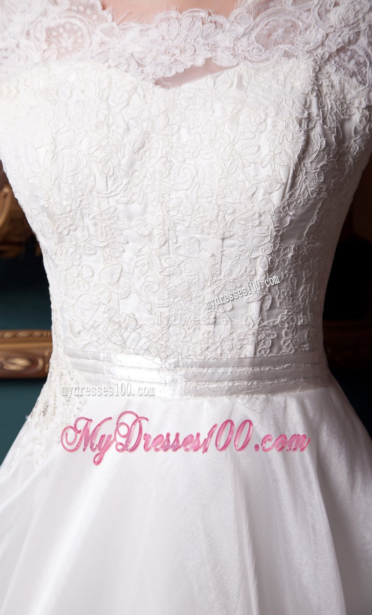 Square Lace and Organza Chapel Train Bridal Gown with Clasp Handle