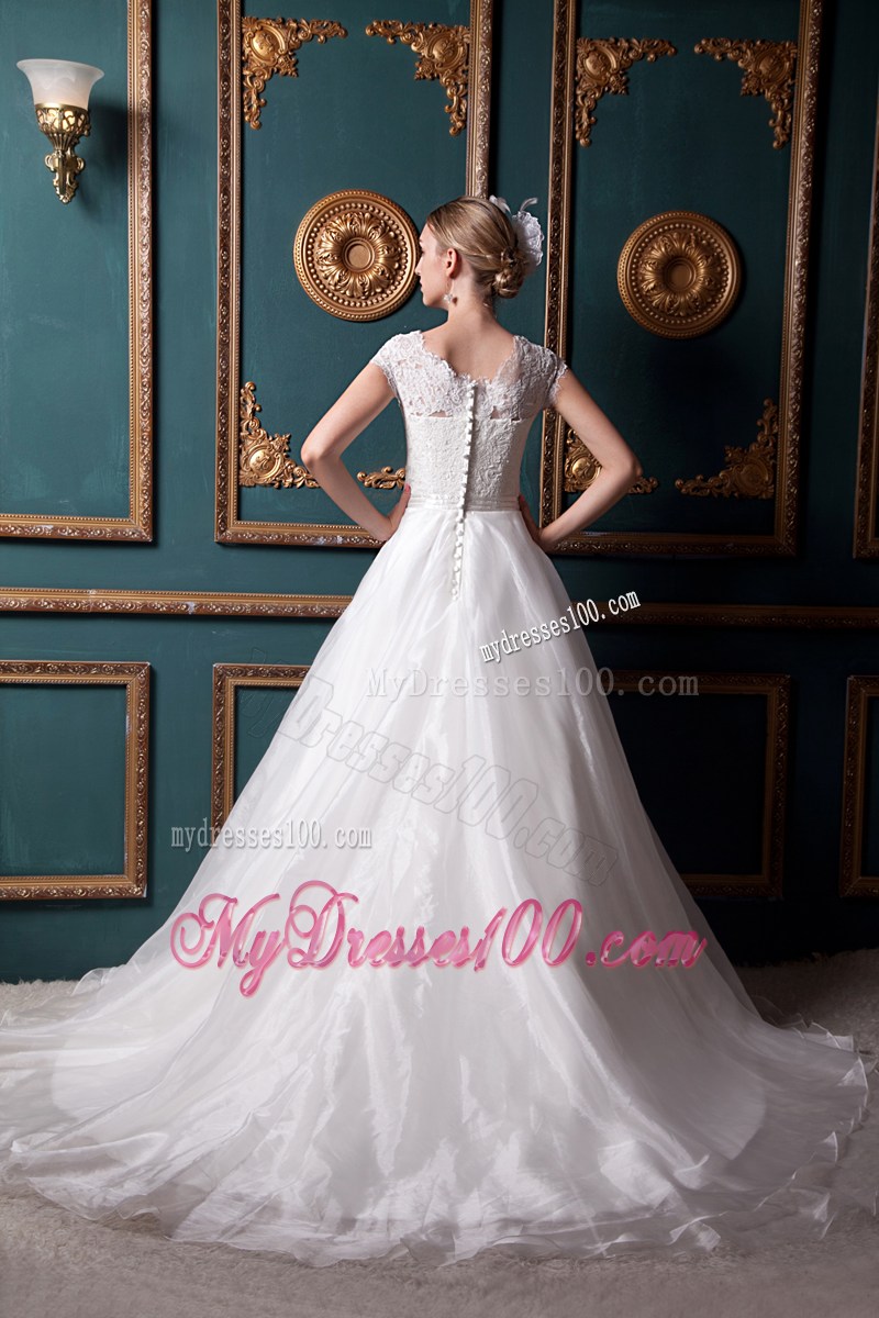 Square Lace and Organza Chapel Train Bridal Gown with Clasp Handle