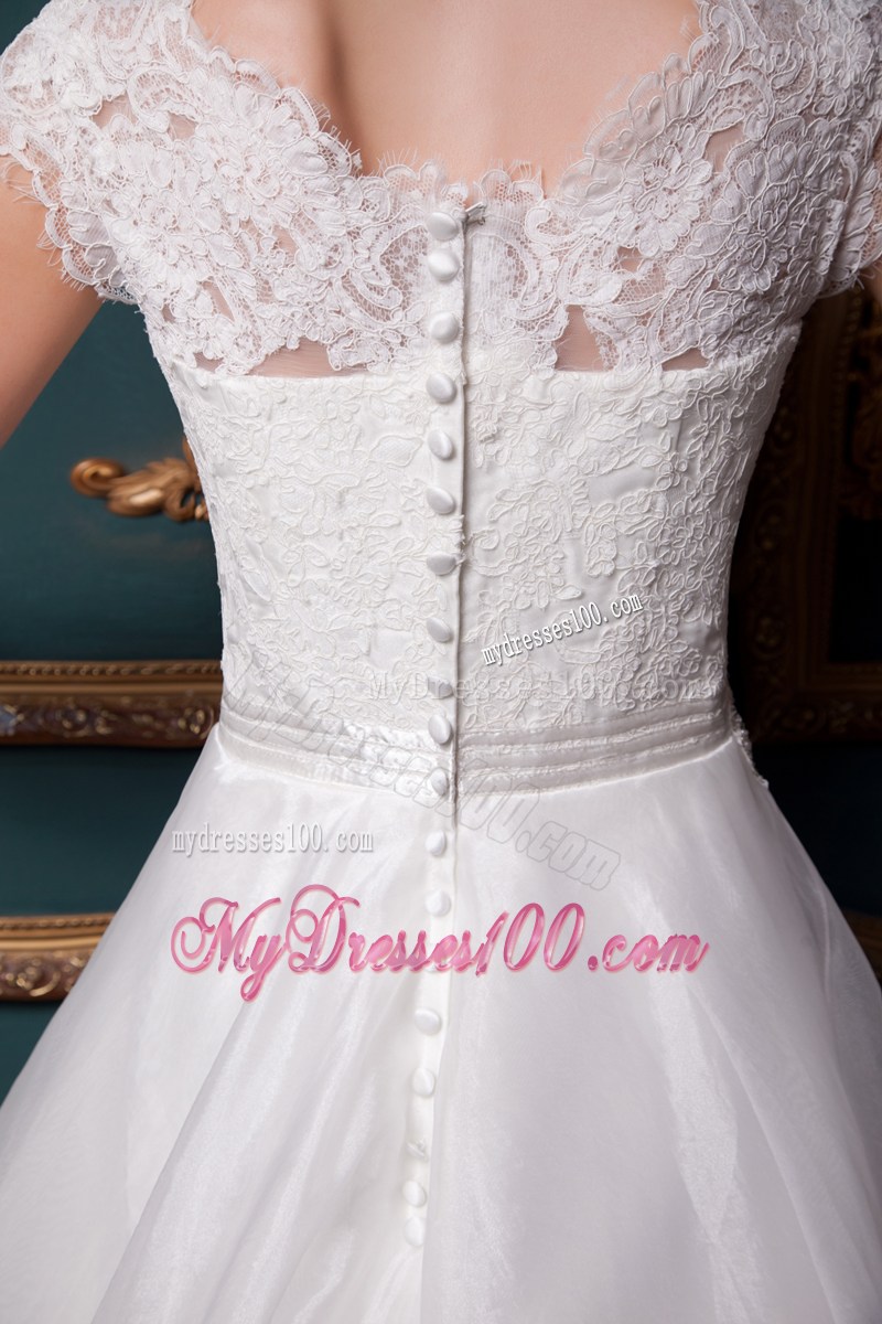 Square Lace and Organza Chapel Train Bridal Gown with Clasp Handle