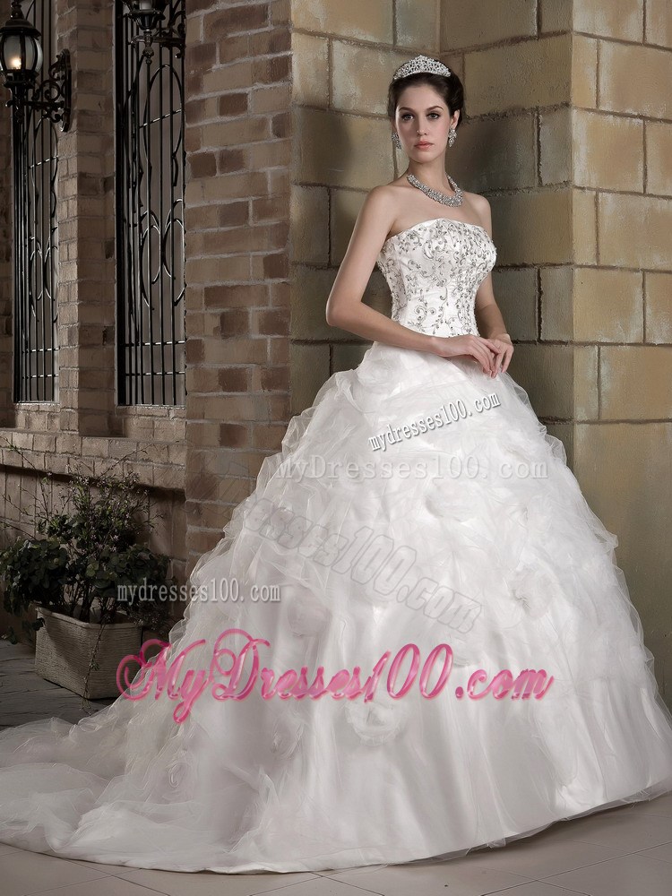 Diamonds Pick-ups and Appliques Decorated Court Train Dress for Brides