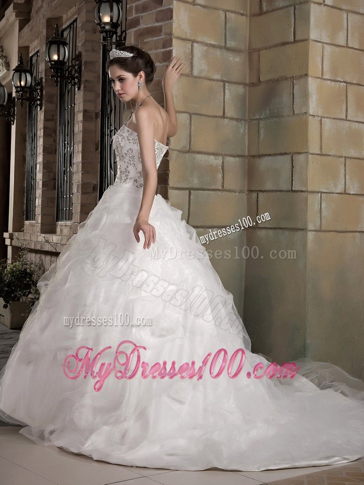 Diamonds Pick-ups and Appliques Decorated Court Train Dress for Brides