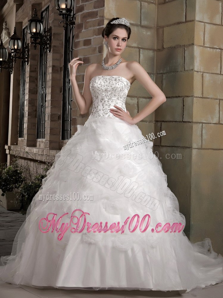 Diamonds Pick-ups and Appliques Decorated Court Train Dress for Brides
