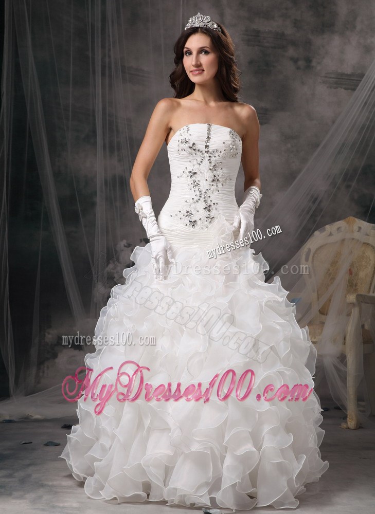 Good Quality Rolling Flowers Strapless White Wedding Gown Floor Length