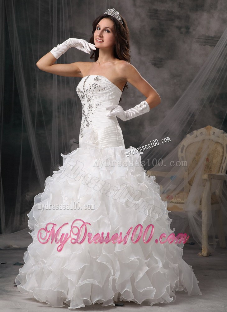Good Quality Rolling Flowers Strapless White Wedding Gown Floor Length