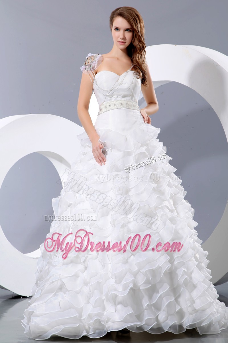 Ruffled Layers Brush Train Bridal Gowns with Jewelry Sash and Cap Sleeves