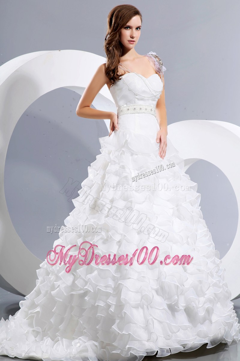 Ruffled Layers Brush Train Bridal Gowns with Jewelry Sash and Cap Sleeves