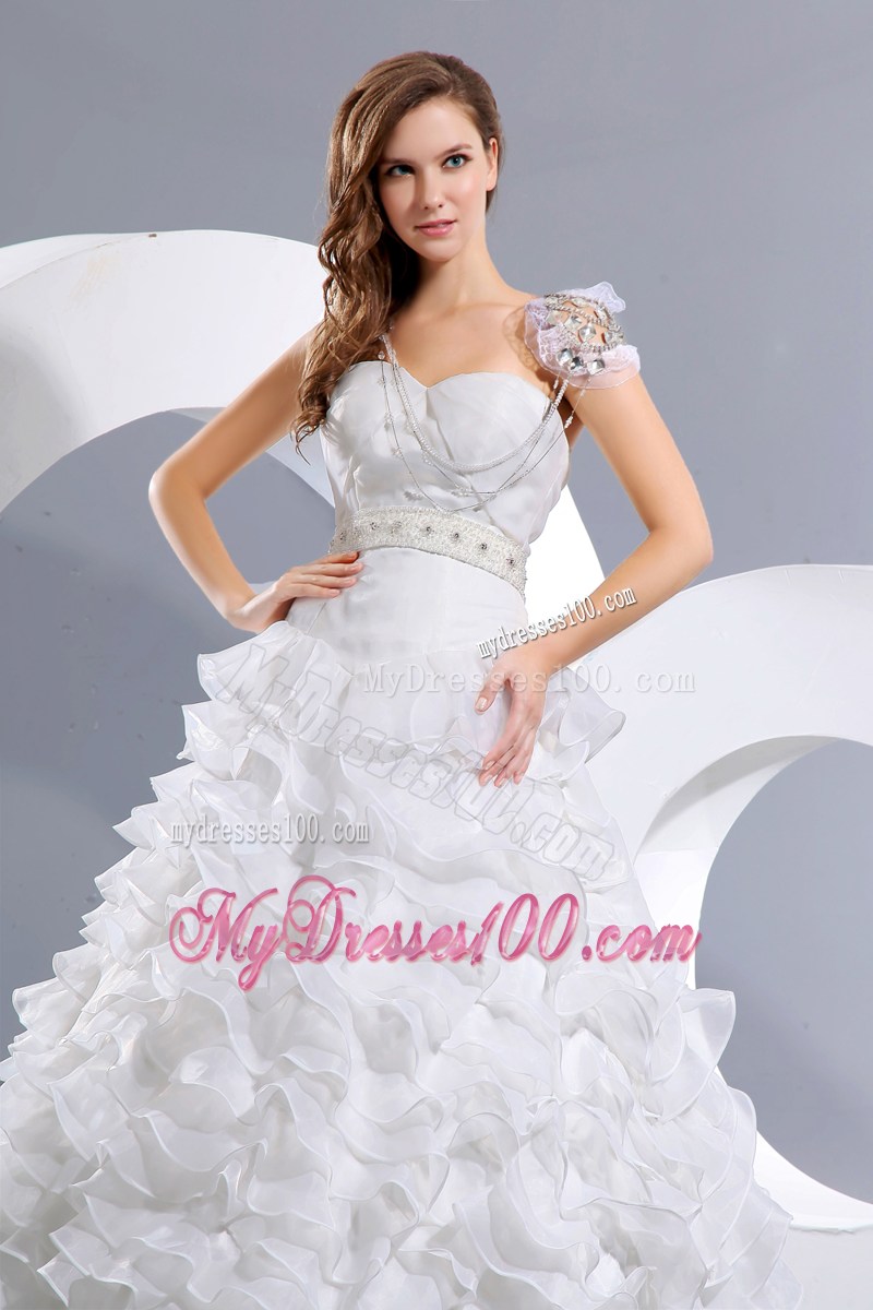 Ruffled Layers Brush Train Bridal Gowns with Jewelry Sash and Cap Sleeves