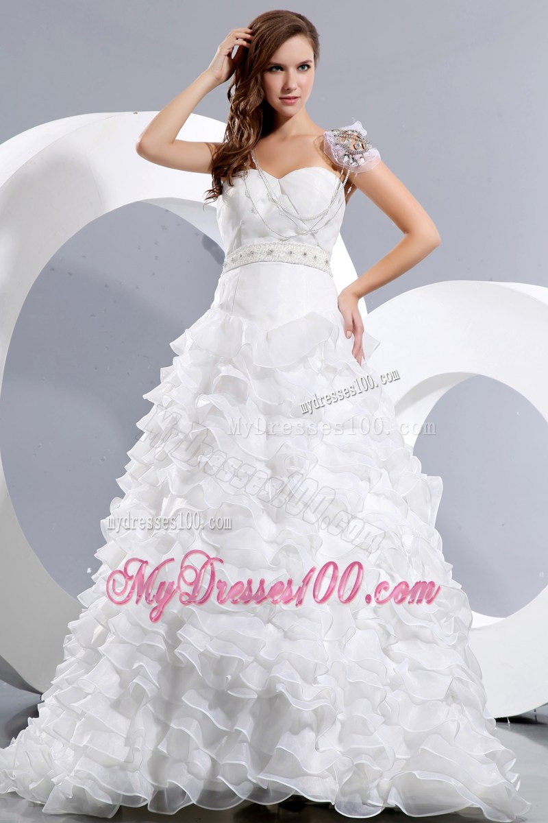 Ruffled Layers Brush Train Bridal Gowns with Jewelry Sash and Cap Sleeves
