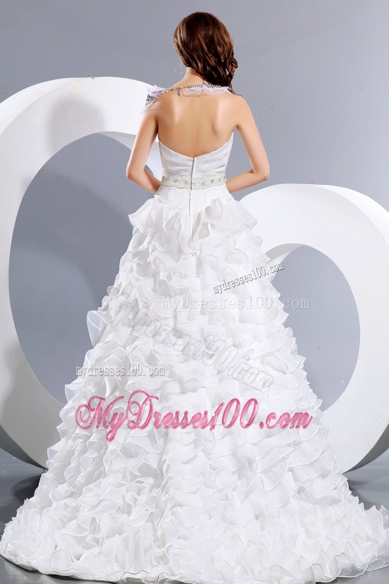 Ruffled Layers Brush Train Bridal Gowns with Jewelry Sash and Cap Sleeves