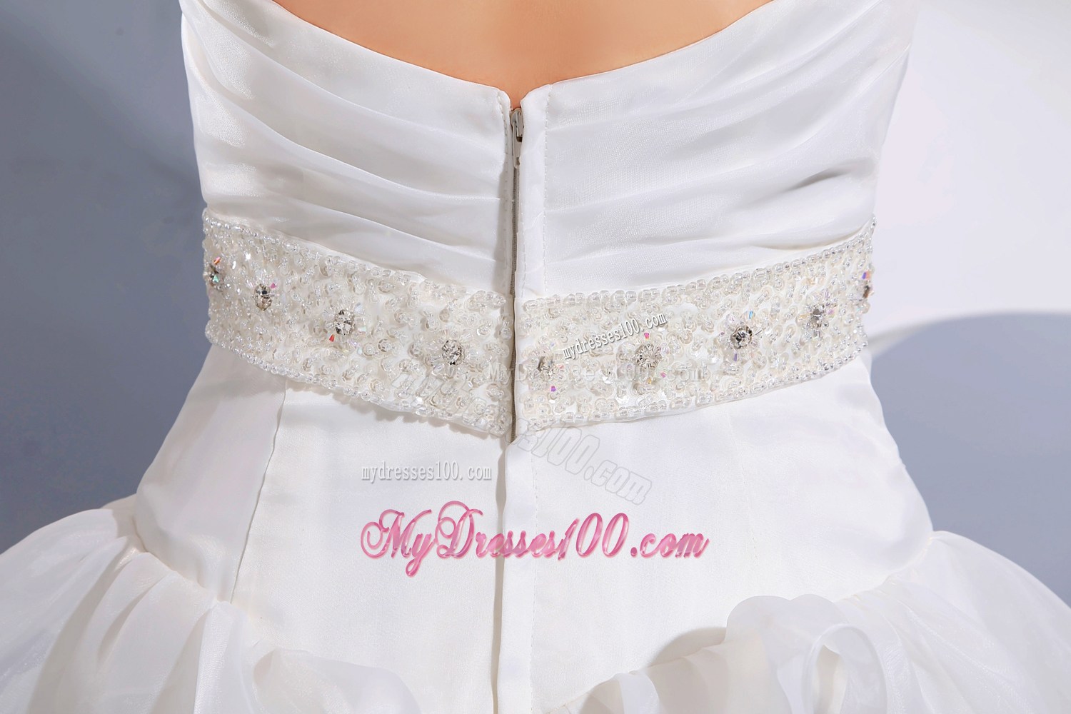 Ruffled Layers Brush Train Bridal Gowns with Jewelry Sash and Cap Sleeves