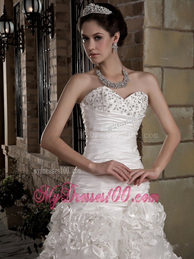 Diamonds and Ruching Decorated Brush Train Dress for Brides with Rolling Flowers