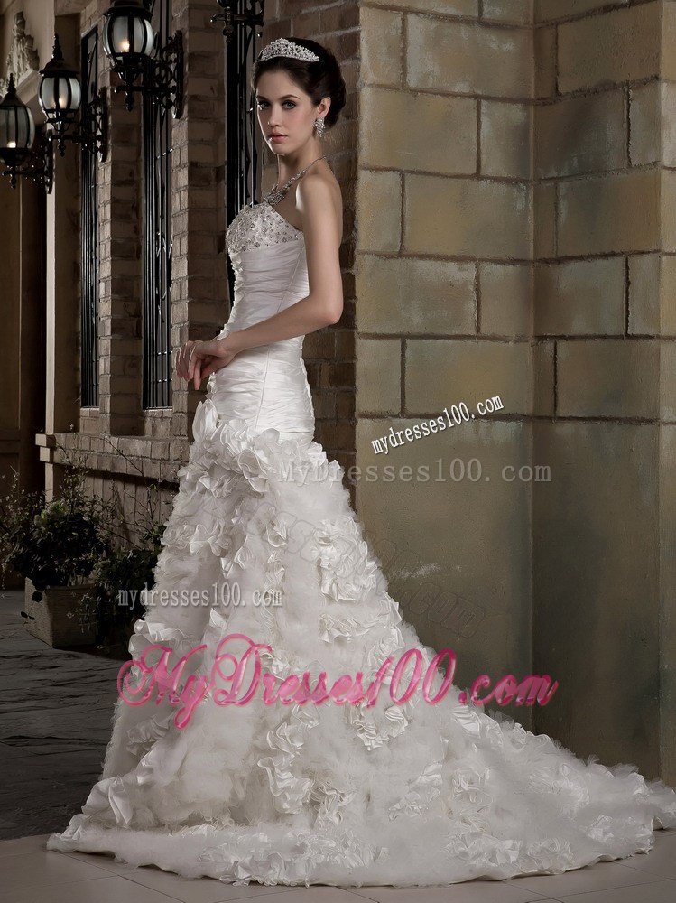 Diamonds and Ruching Decorated Brush Train Dress for Brides with Rolling Flowers