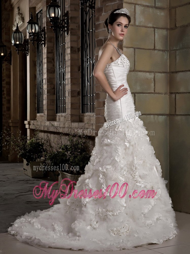 Diamonds and Ruching Decorated Brush Train Dress for Brides with Rolling Flowers