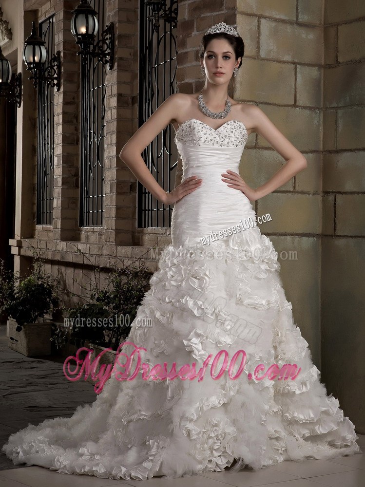 Diamonds and Ruching Decorated Brush Train Dress for Brides with Rolling Flowers