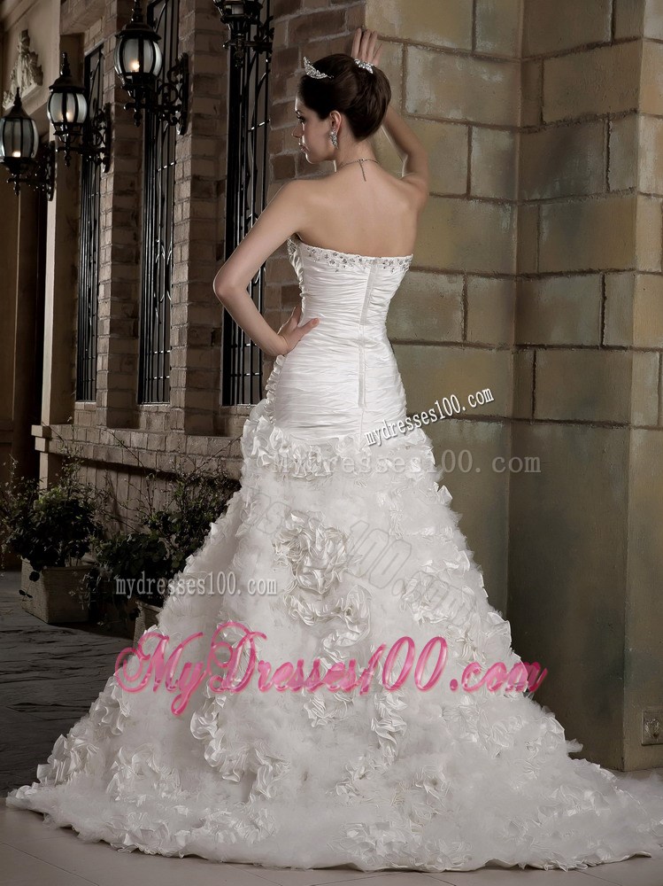 Diamonds and Ruching Decorated Brush Train Dress for Brides with Rolling Flowers