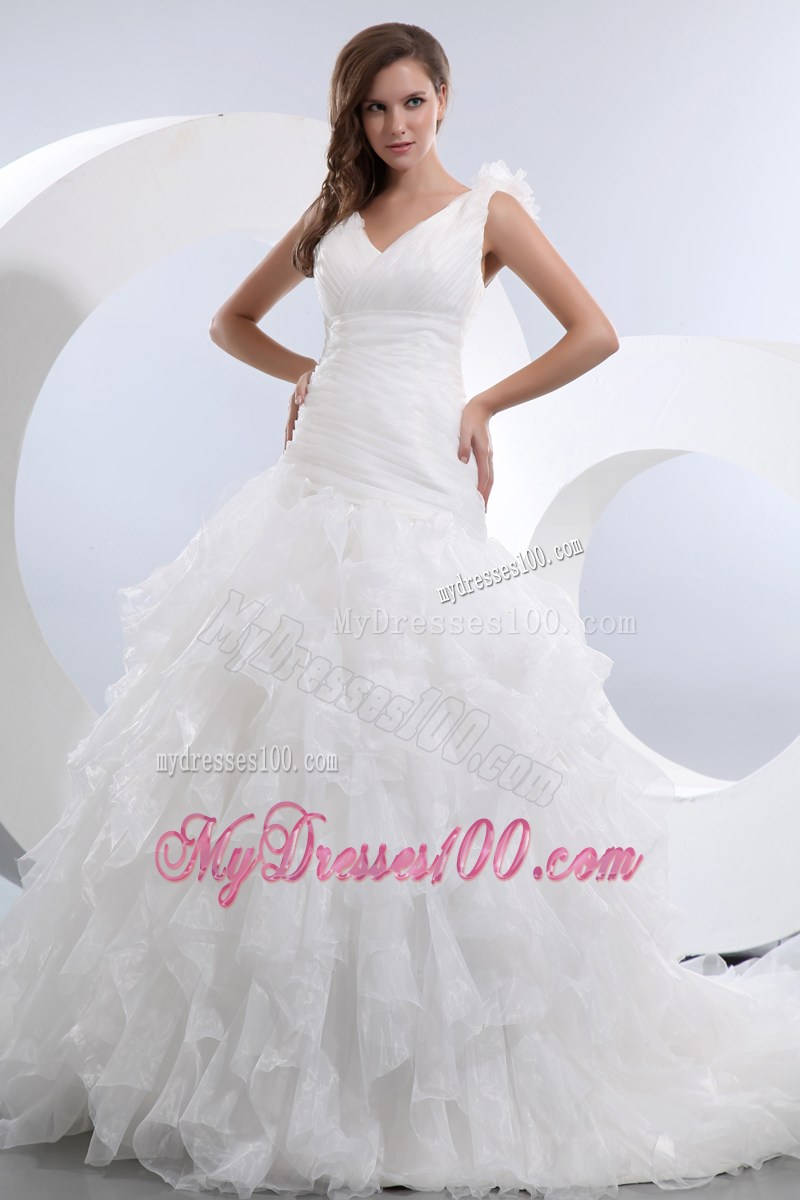Handle Flowers Straps Court Train Bridal Gowns with Ruching and Ruffles