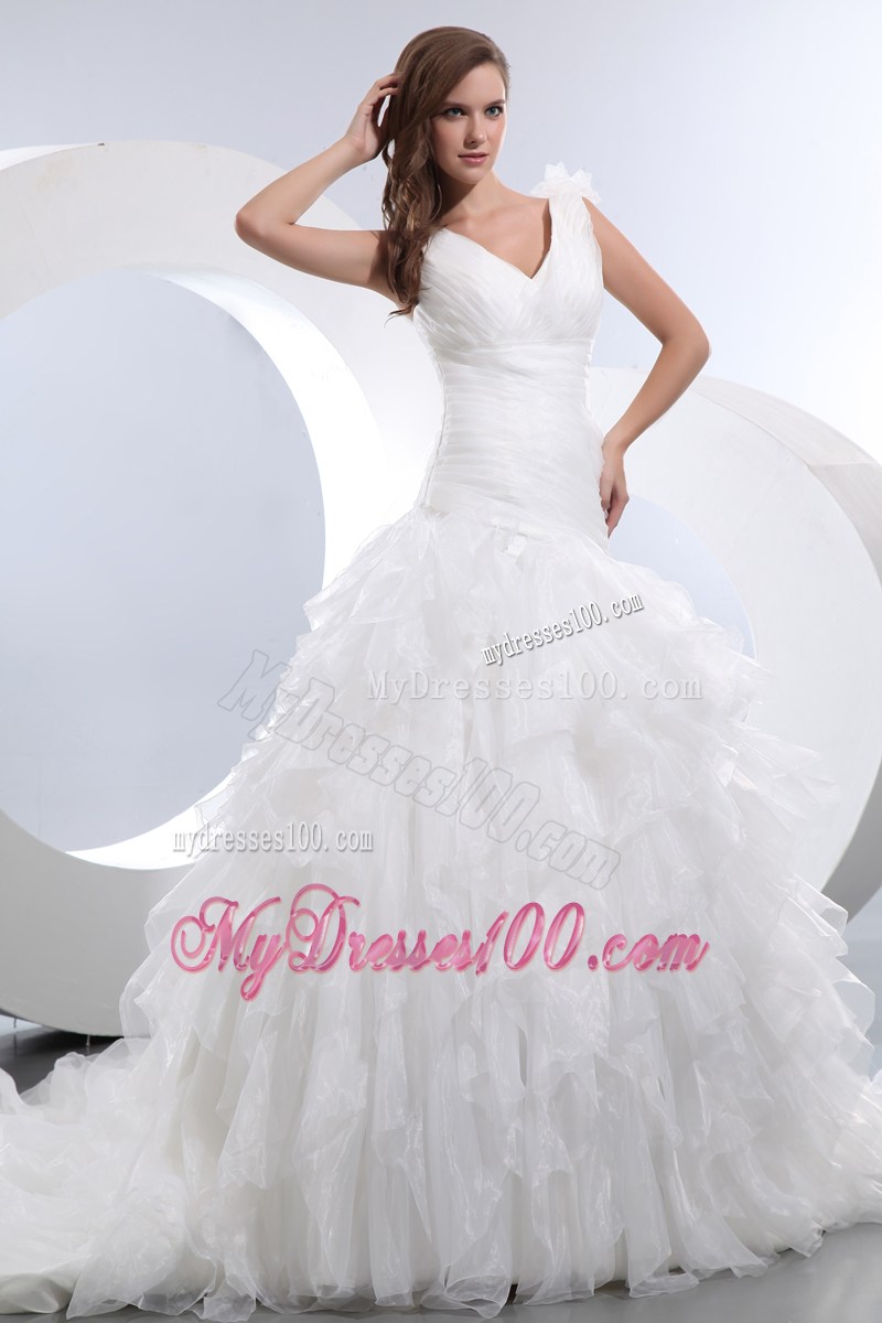 Handle Flowers Straps Court Train Bridal Gowns with Ruching and Ruffles
