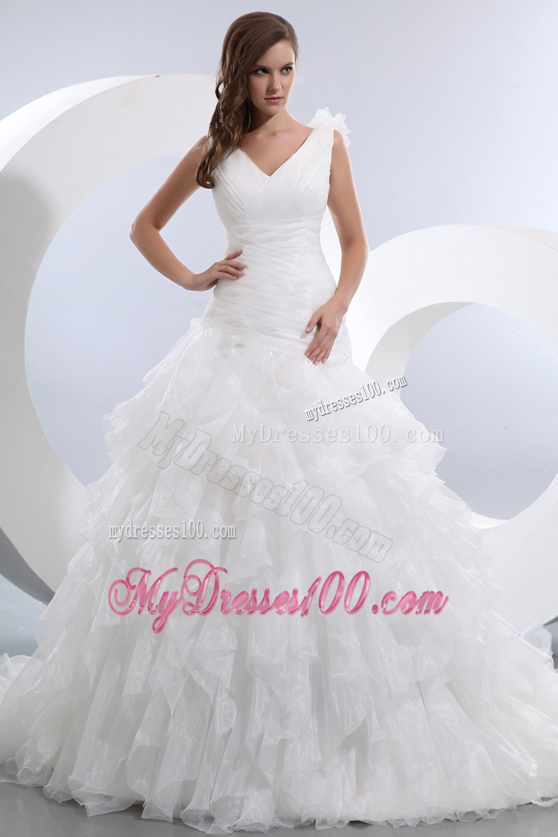 Handle Flowers Straps Court Train Bridal Gowns with Ruching and Ruffles