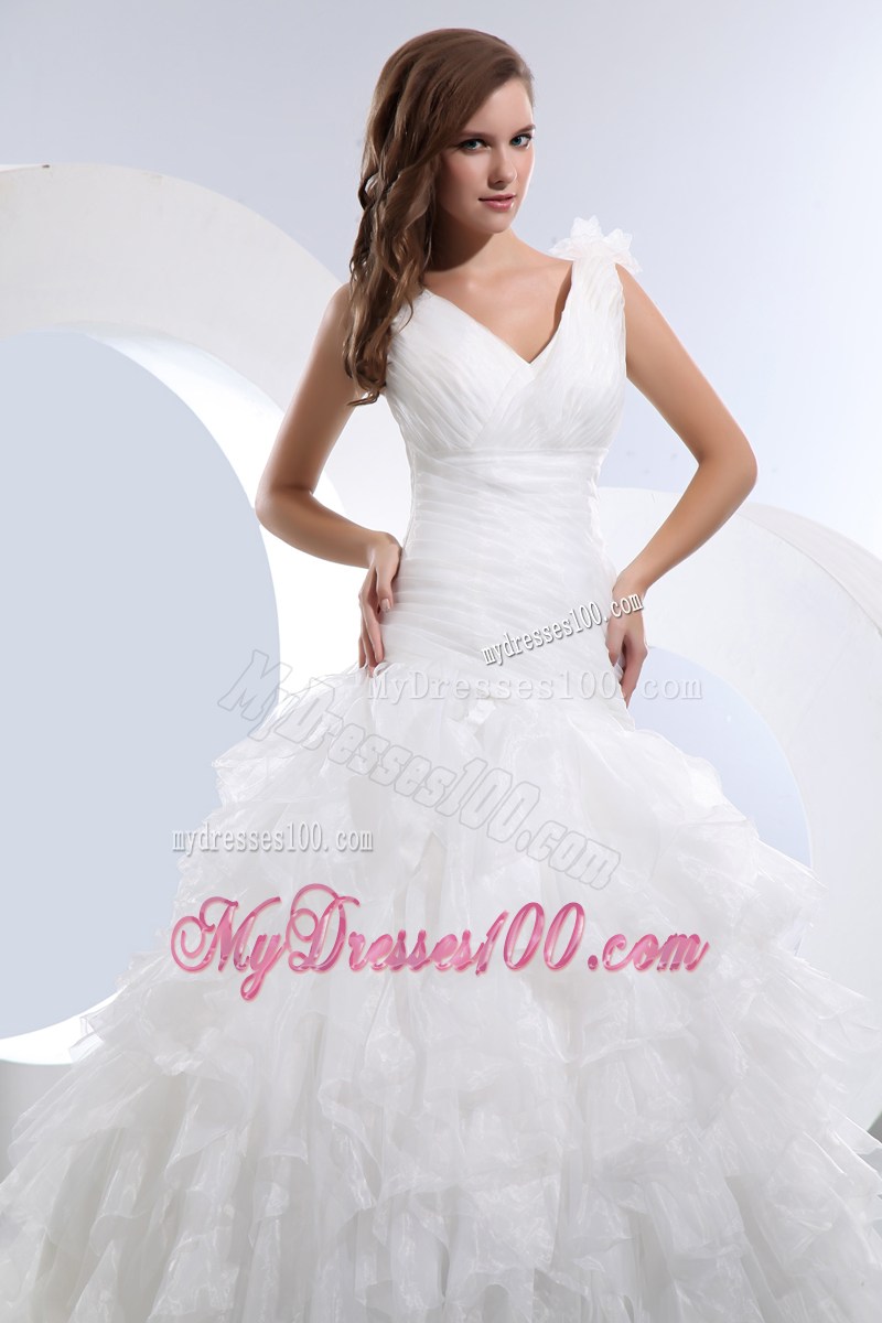 Handle Flowers Straps Court Train Bridal Gowns with Ruching and Ruffles