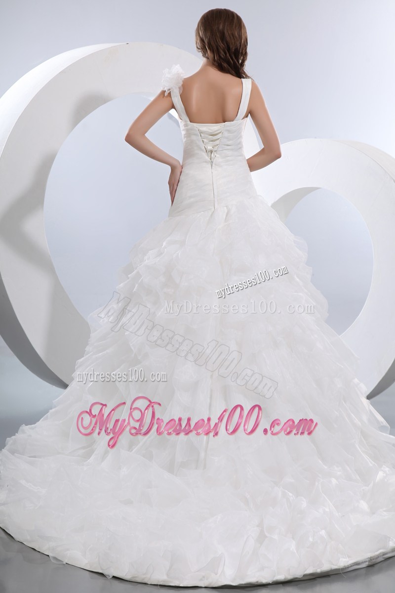 Handle Flowers Straps Court Train Bridal Gowns with Ruching and Ruffles