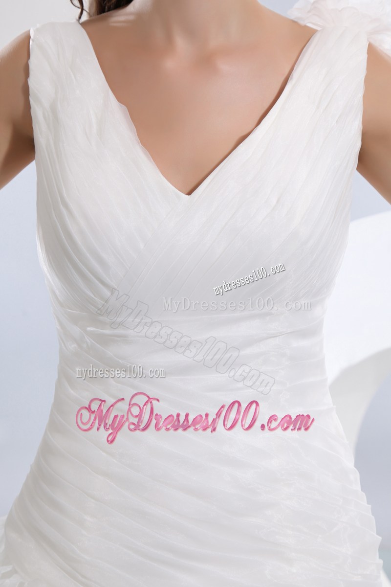 Handle Flowers Straps Court Train Bridal Gowns with Ruching and Ruffles