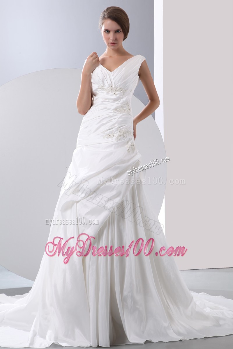 Straps Court Train Wedding Gowns Decorated with Beaded Appliques and Ruching