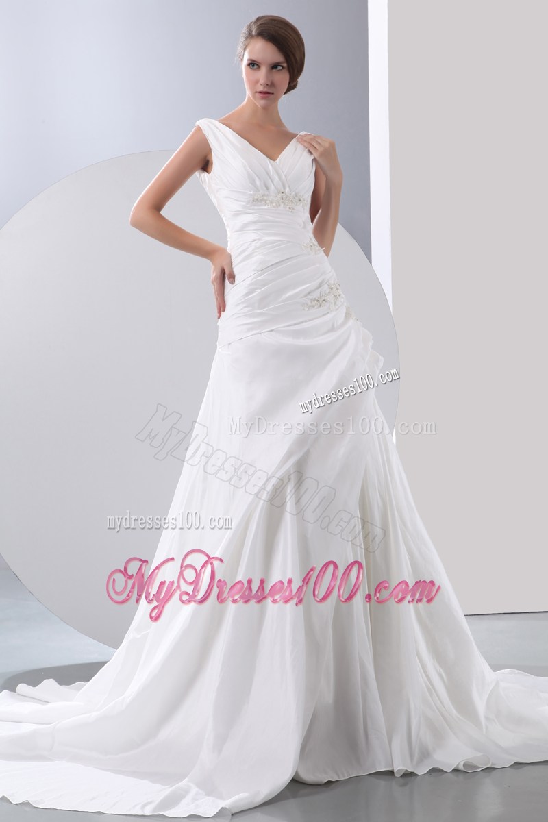 Straps Court Train Wedding Gowns Decorated with Beaded Appliques and Ruching