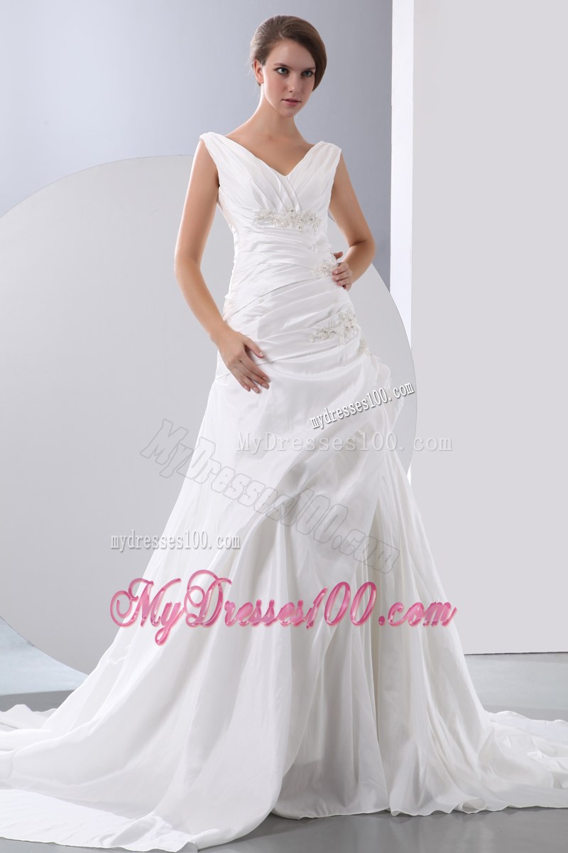 Straps Court Train Wedding Gowns Decorated with Beaded Appliques and Ruching