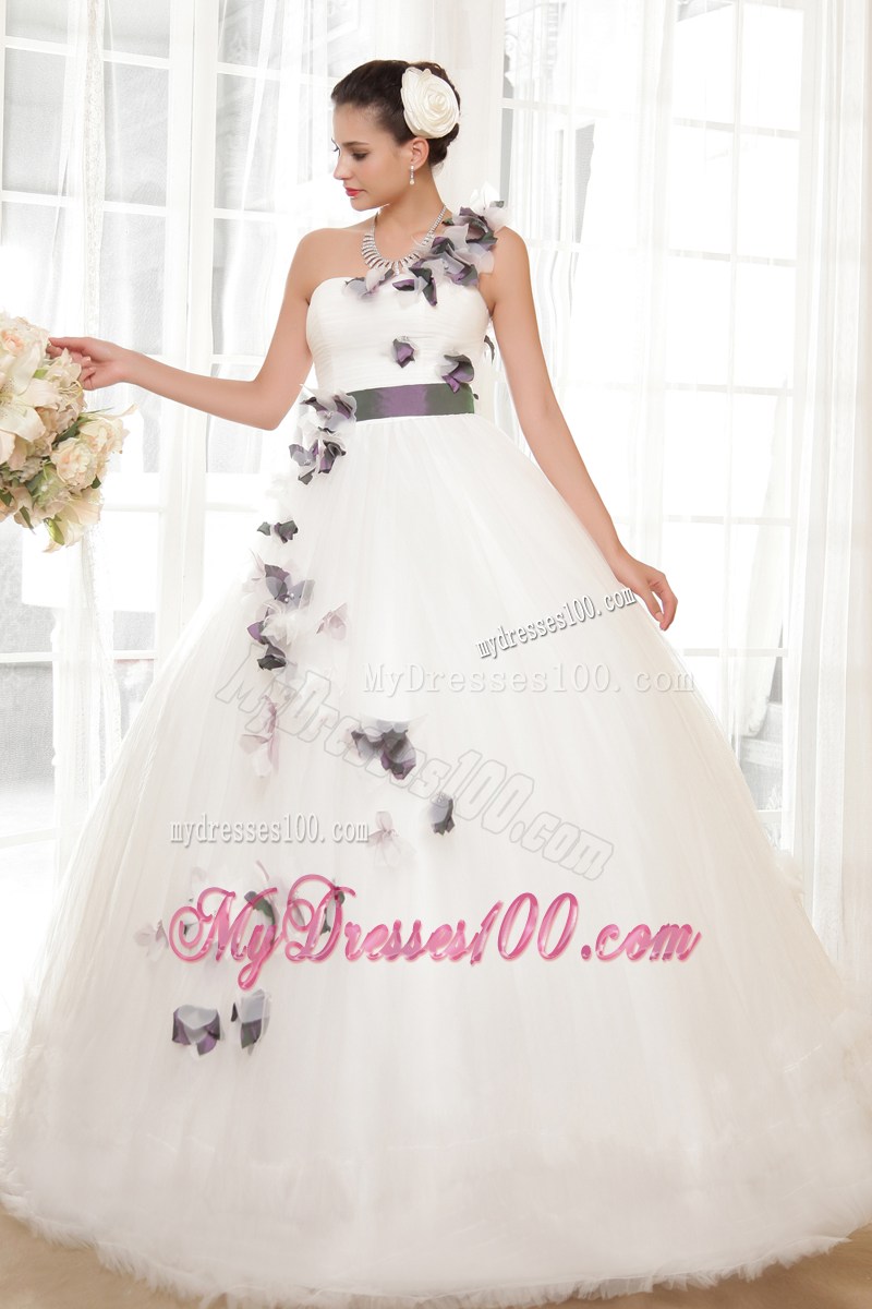 Hand Made Flowers One Shoulder Wedding Dress with Sash and Ruffled Hemline