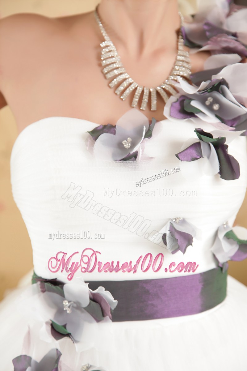 Hand Made Flowers One Shoulder Wedding Dress with Sash and Ruffled Hemline