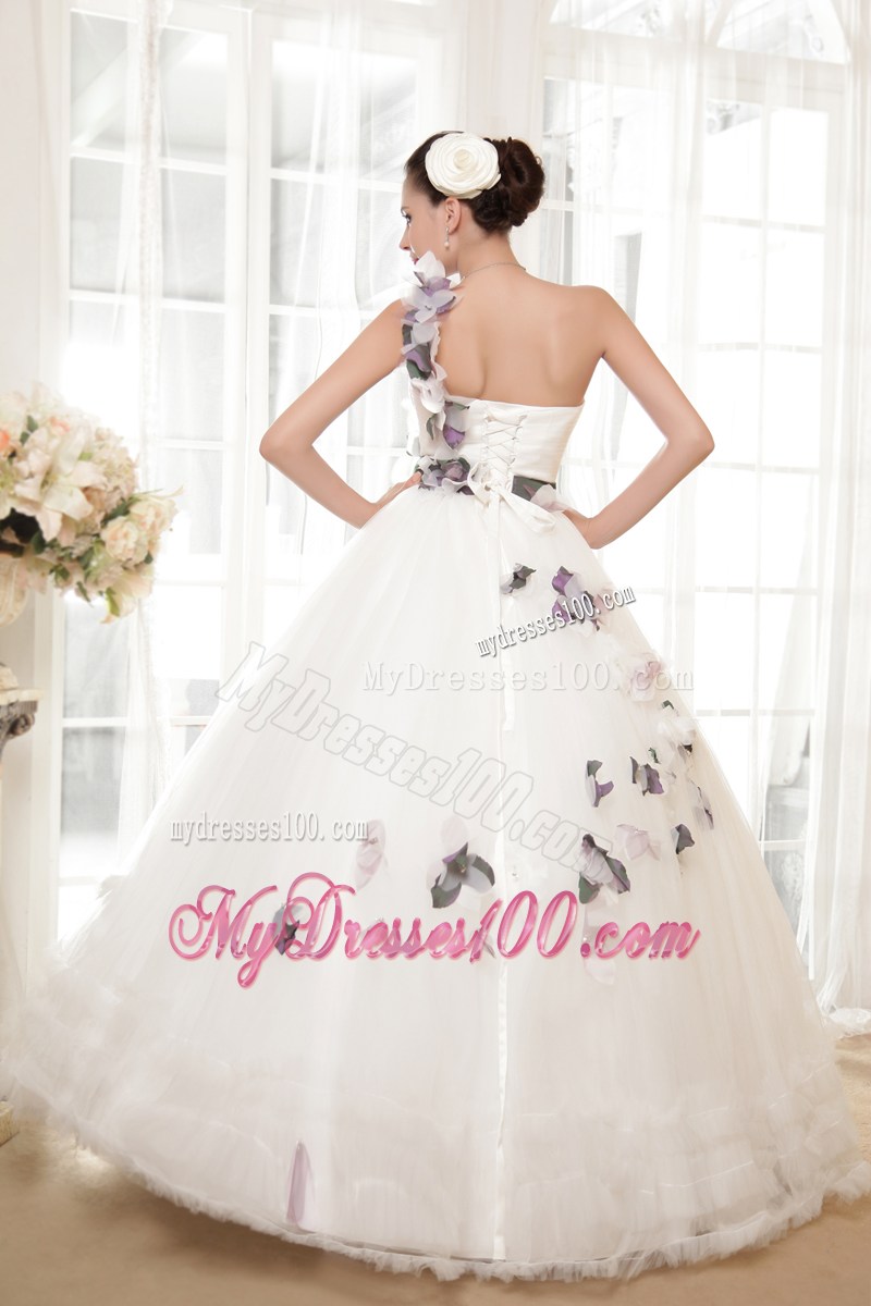 Hand Made Flowers One Shoulder Wedding Dress with Sash and Ruffled Hemline