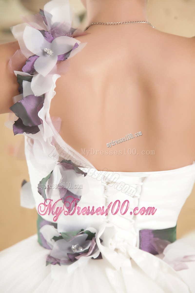 Hand Made Flowers One Shoulder Wedding Dress with Sash and Ruffled Hemline