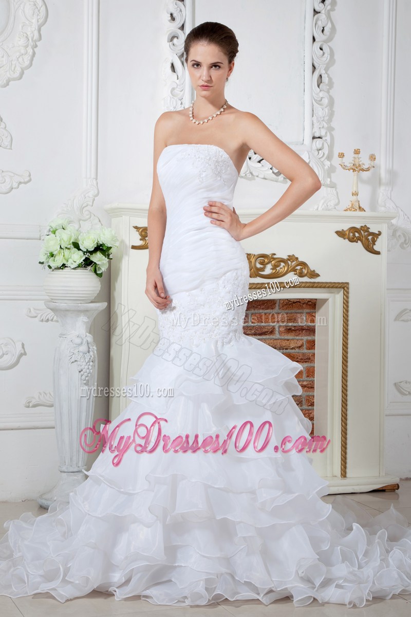 Ivory Mermaid Court Train Wedding Dress with Appliques and Ruffles
