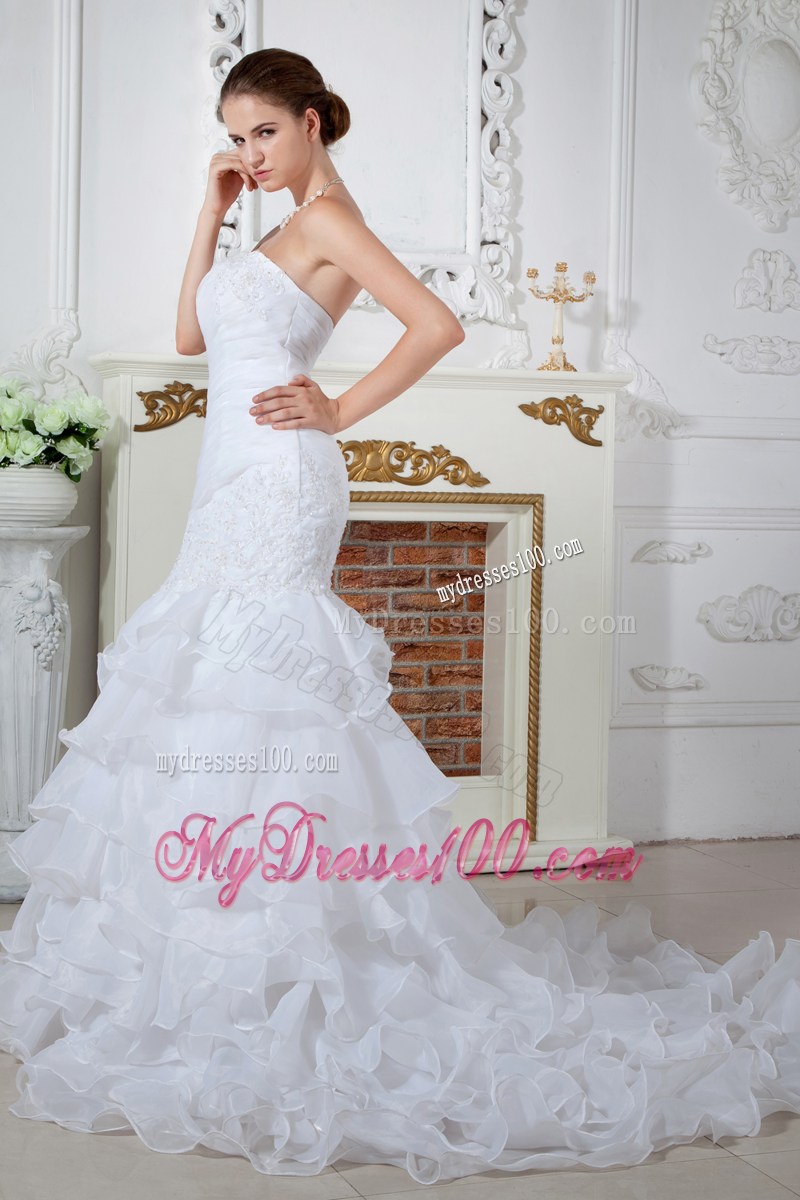 Ivory Mermaid Court Train Wedding Dress with Appliques and Ruffles