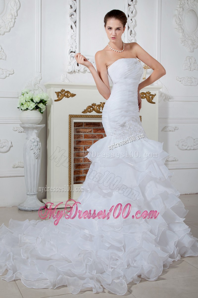 Ivory Mermaid Court Train Wedding Dress with Appliques and Ruffles