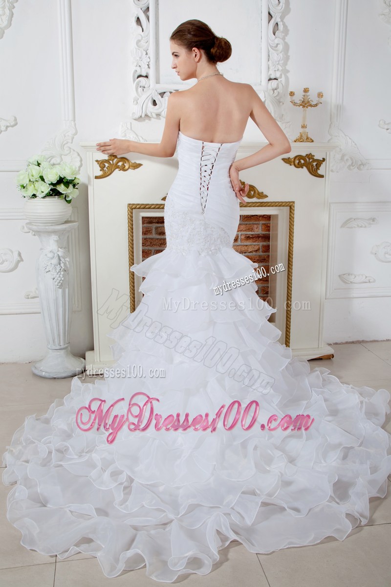 Ivory Mermaid Court Train Wedding Dress with Appliques and Ruffles