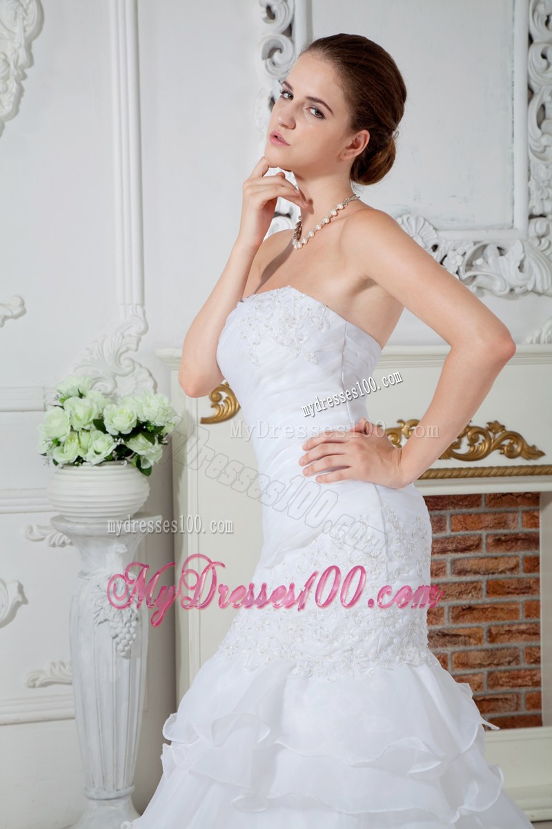 Ivory Mermaid Court Train Wedding Dress with Appliques and Ruffles