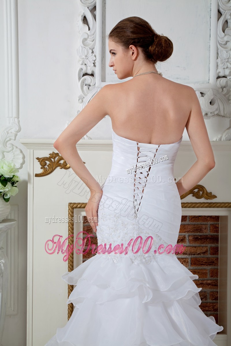Ivory Mermaid Court Train Wedding Dress with Appliques and Ruffles
