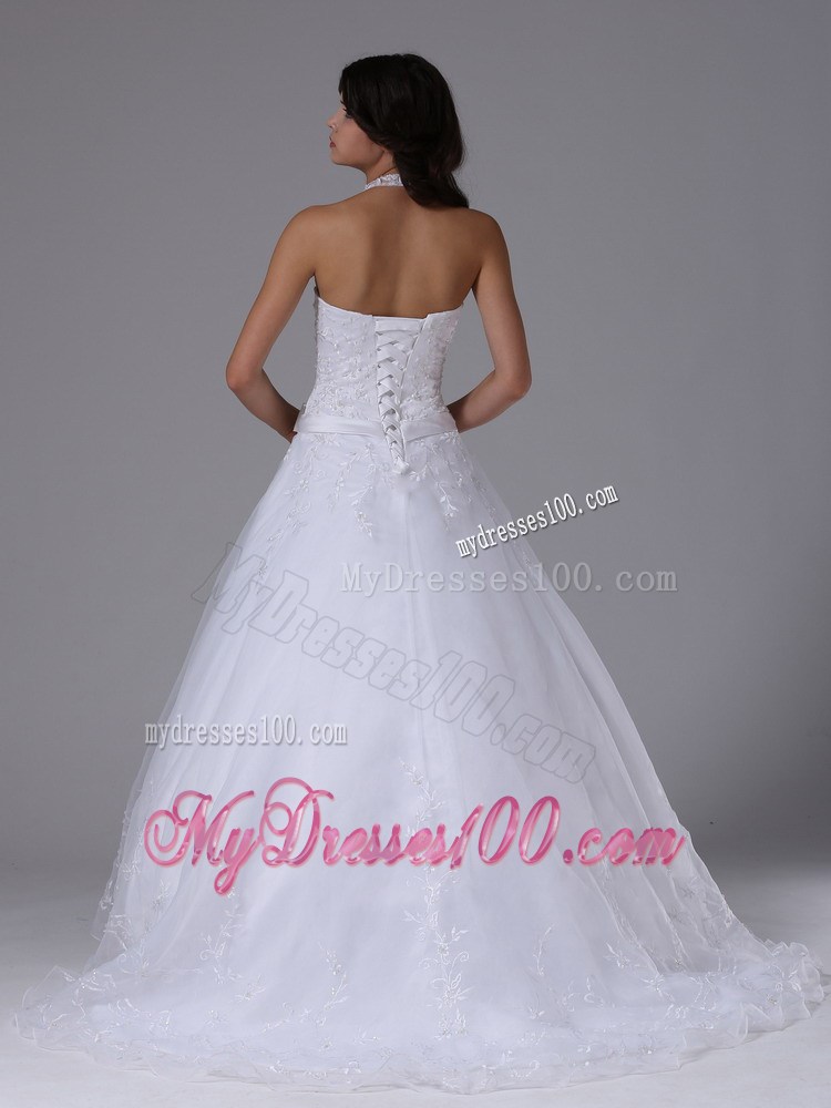 Halter Top Bowknot Lace Decoration White Wedding Gown in Style
