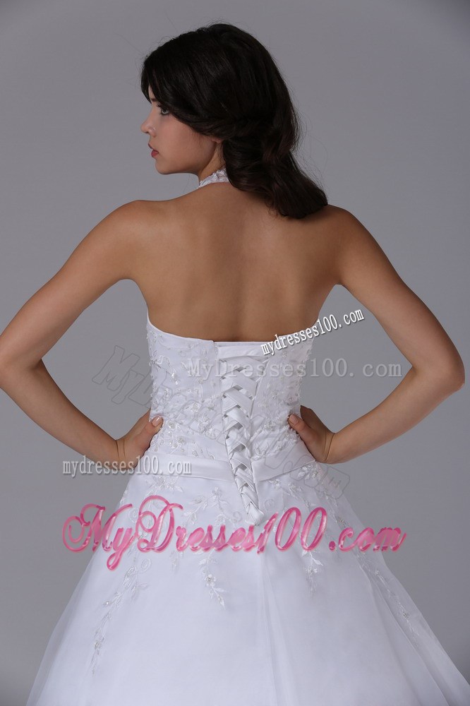 Halter Top Bowknot Lace Decoration White Wedding Gown in Style