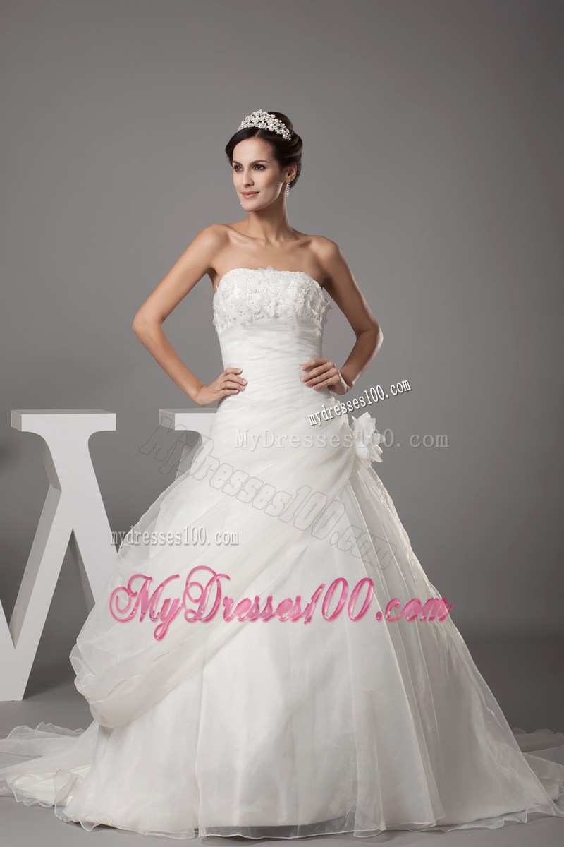 Ruche and Handle Flowers Brush Train Bridal Dresses with Beaded Flowers Neckline